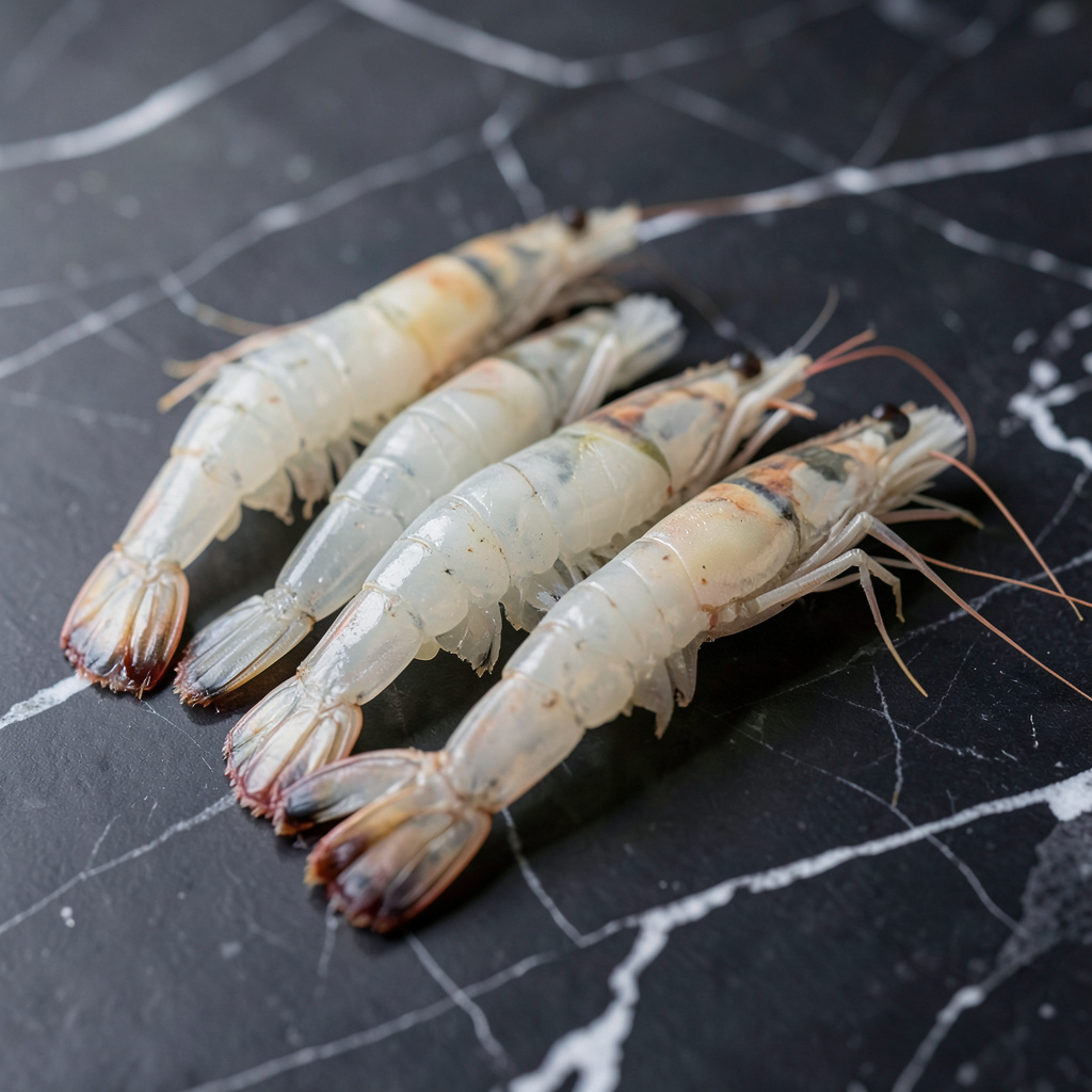 Gambas peladas translúcidas alineadas sobre mármol negro