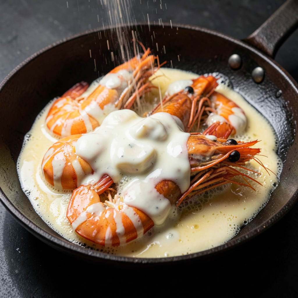 Gambas napadas en mantequilla de miso blanco espumosa