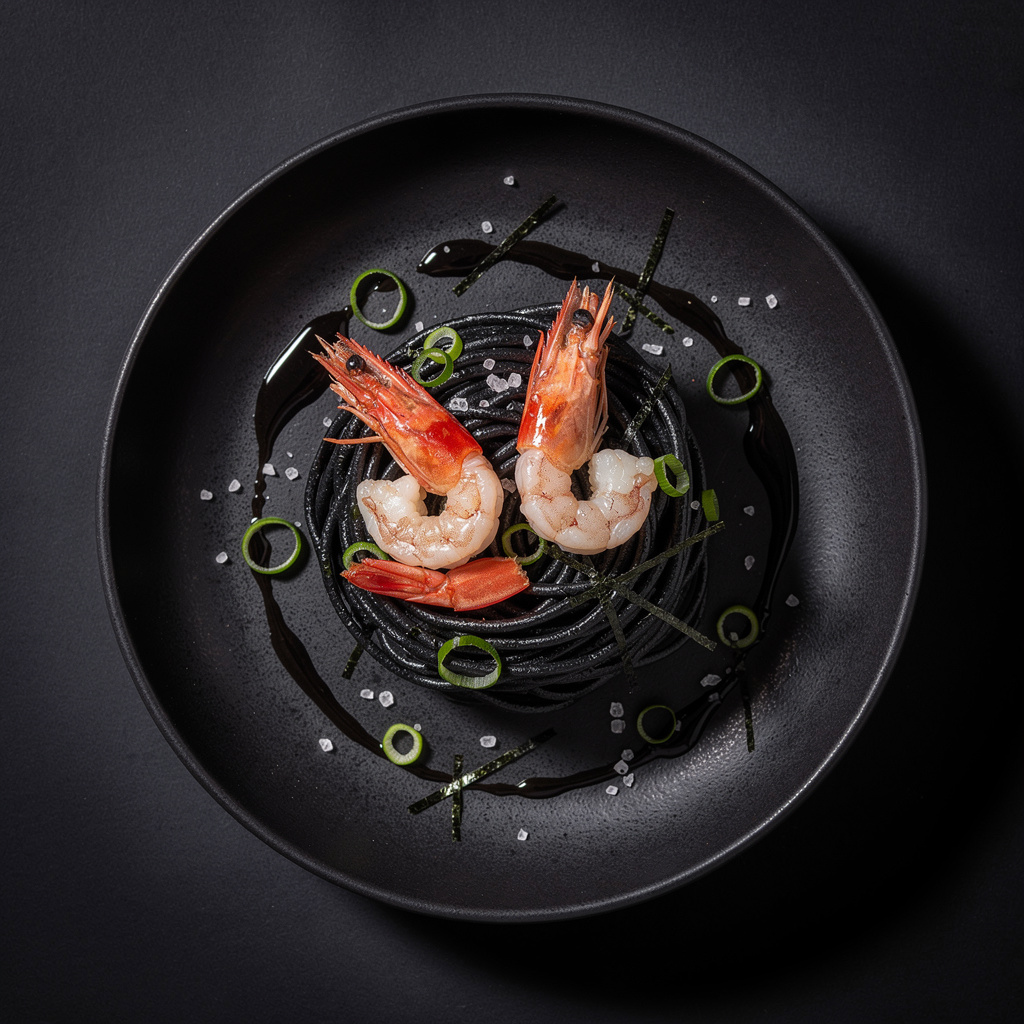 Gambas blancas de Huelva al ajillo con mantequilla de miso sobre soba de tinta con aceite de ajo negro fermentado en cuenco de cerámica negra