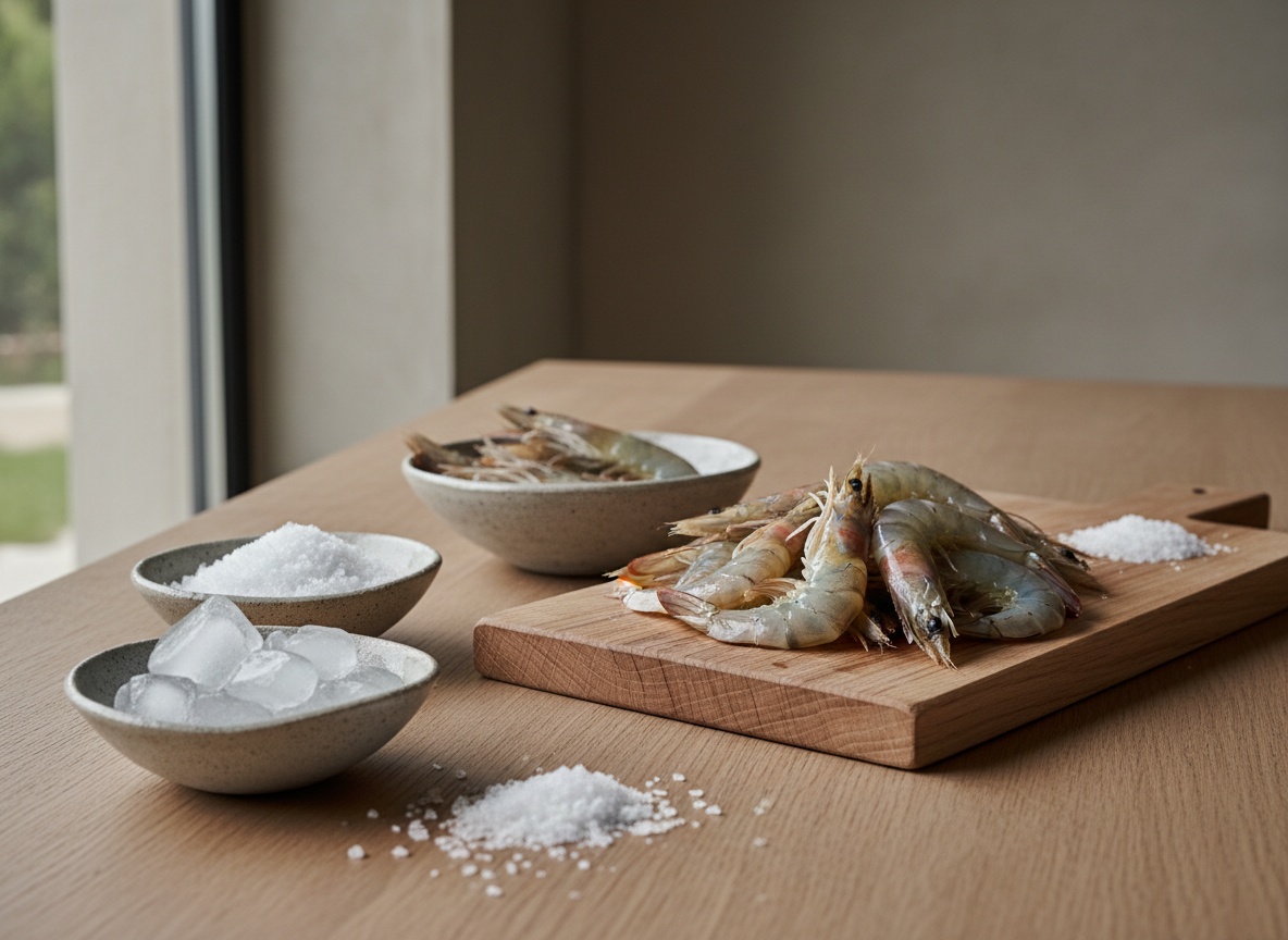 Gambas blancas de Huelva crudas, sal gruesa, hielo y escamas de sal de Cádiz dispuestas sobre tabla de roble, vistas de lado en ángulo de 45 grados con luz natural desde la izquierda.