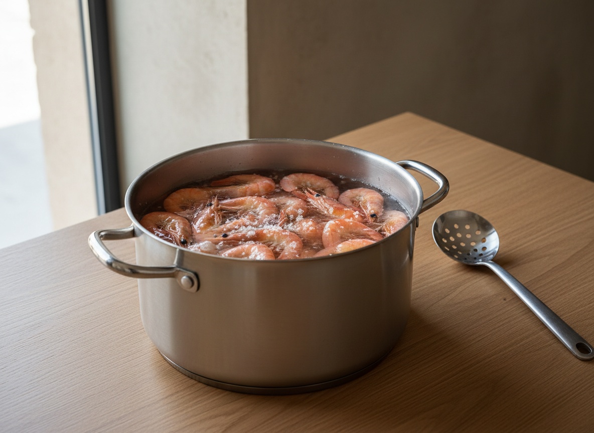 Gambas recién echadas en el agua hirviendo repartiéndose en la olla.