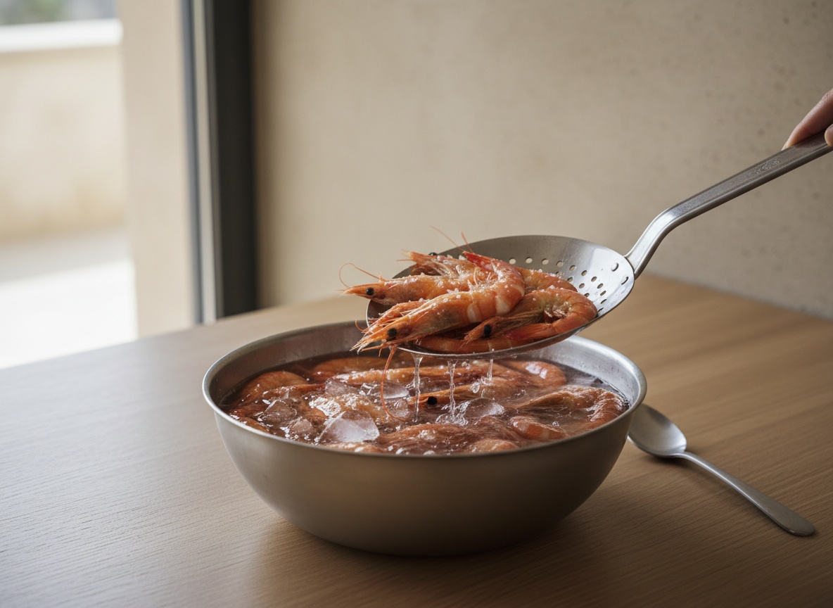 Gambas pasándose con la espumadera al barreño de agua helada con sal.