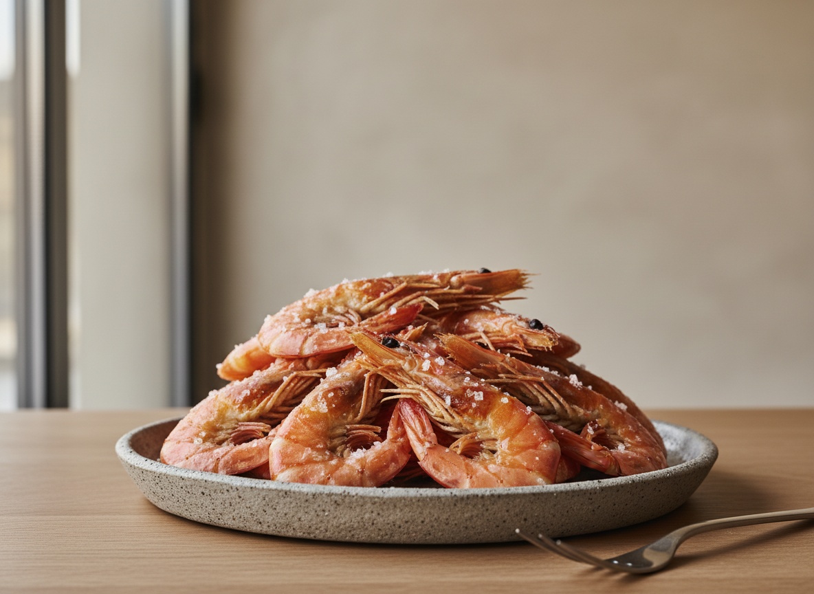 Gambas blancas de Huelva cocidas de color rojo anaranjado sobre plato de cerámica artesanal, espolvoreadas con escamas de sal marina de Cádiz, con luz natural entrando desde la izquierda.