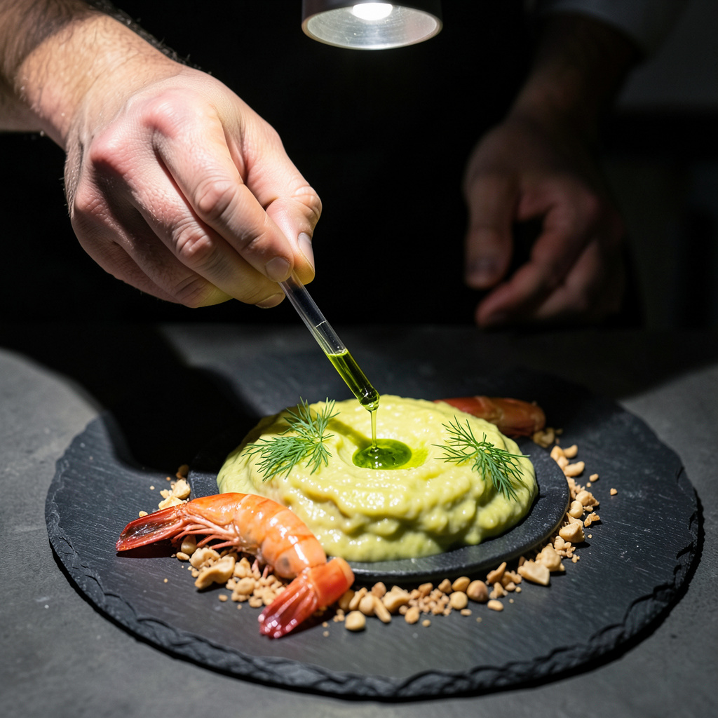 Gazpacho de yuzu vertiendo por colador de malla fina sobre cuenco de acero inoxidable, líquido rojo anaranjado brillante con emulsión perfecta