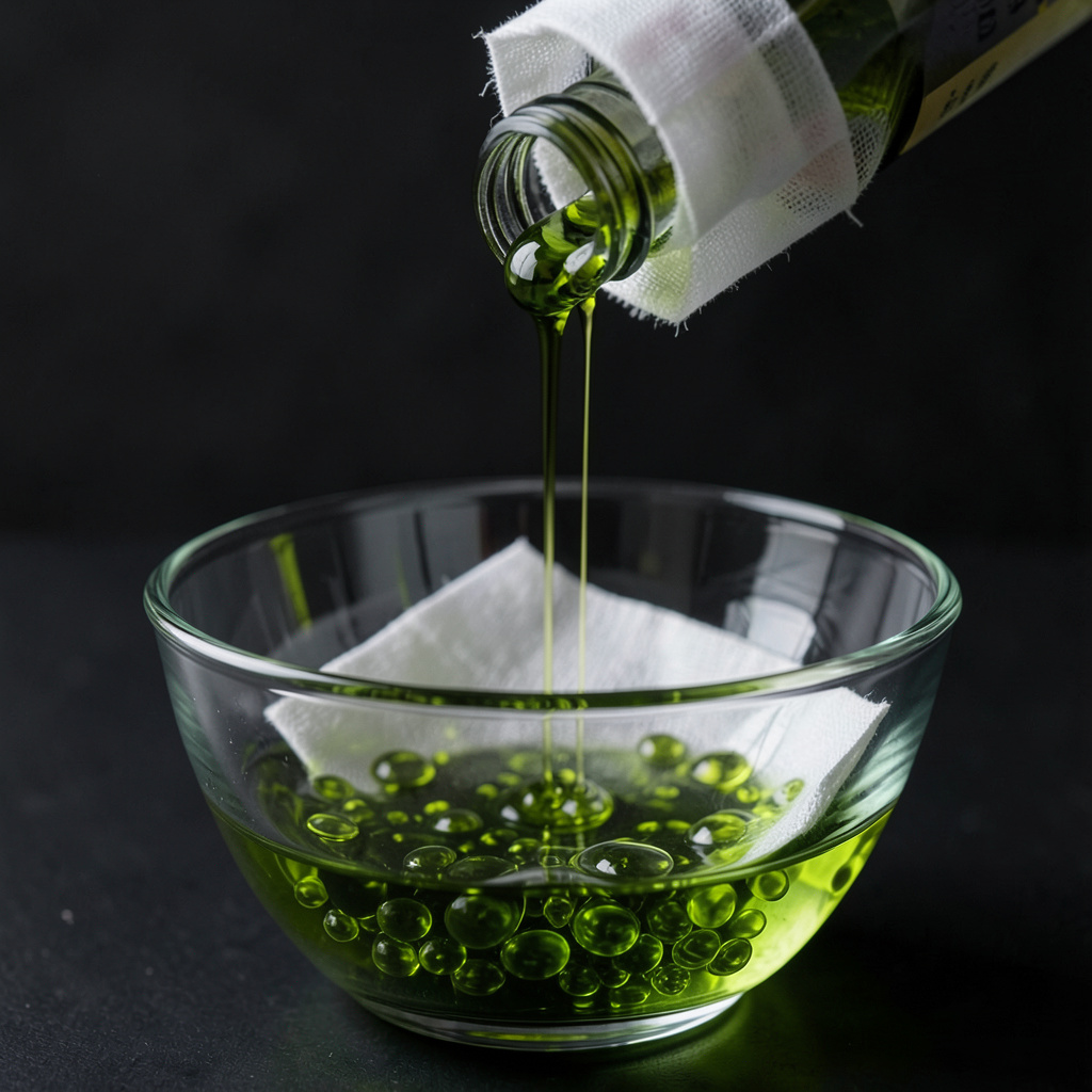 Aceite de eneldo drenando por muselina blanca en cuenco de cristal, verde profundo brillante cayendo en hilo fino por gravedad