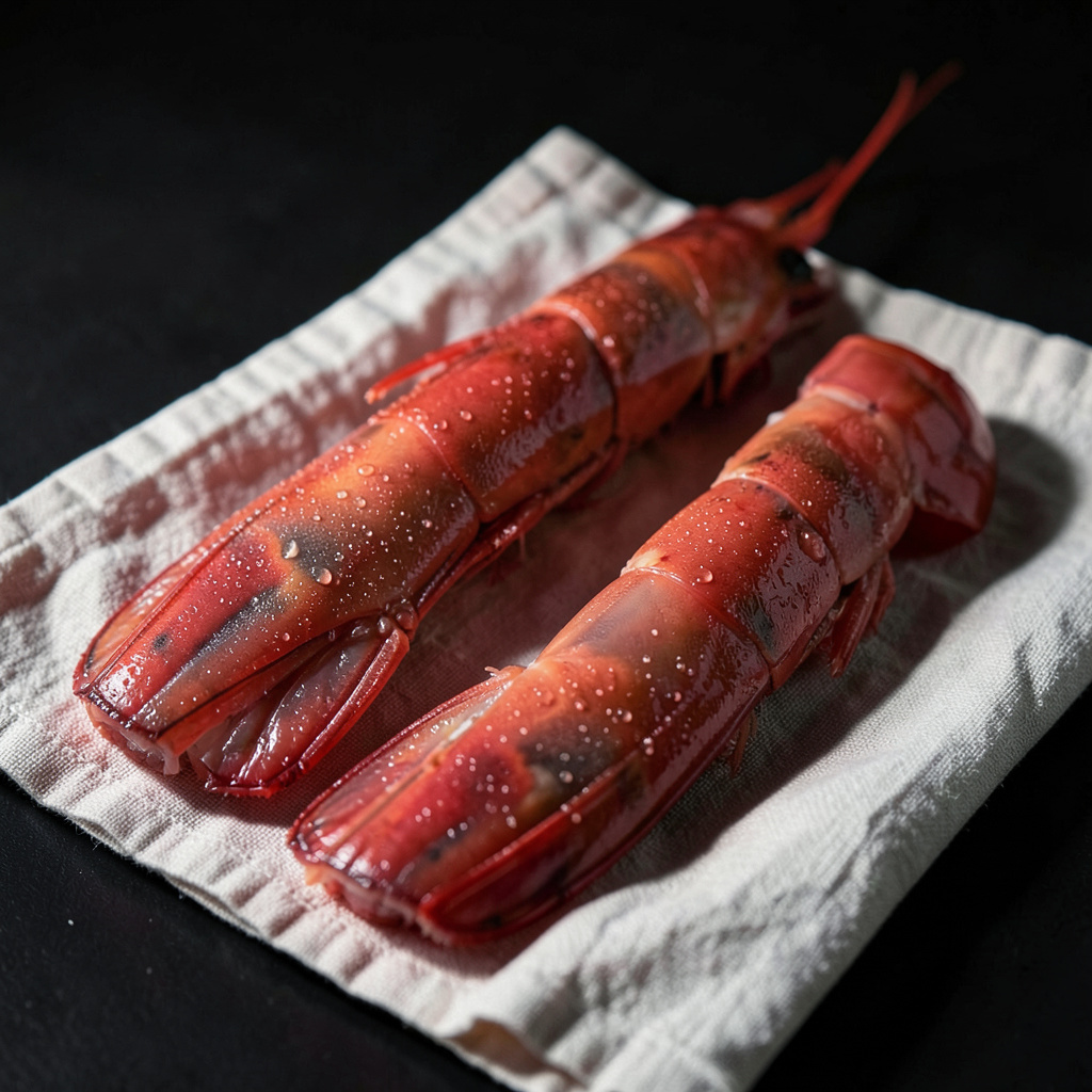 Manos del chef aplicando gotas de aceite de eneldo con pipeta sobre gazpacho de yuzu en plato de pizarra oscura junto a las gambas crudas