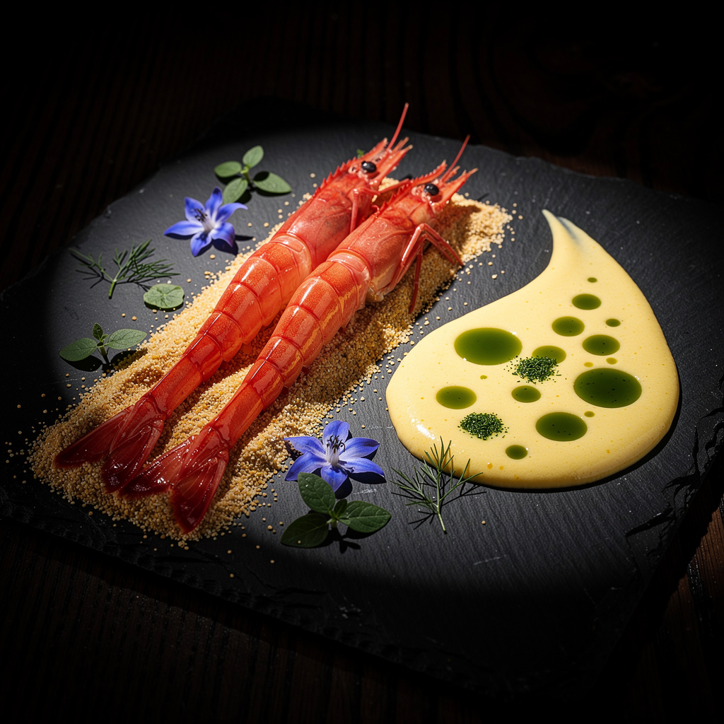 Gamba roja de Denia en crudo sobre arena de sus cabezas tostadas, con gazpacho de yuzu en lágrima y aceite de eneldo en gotas sobre plato de pizarra oscura