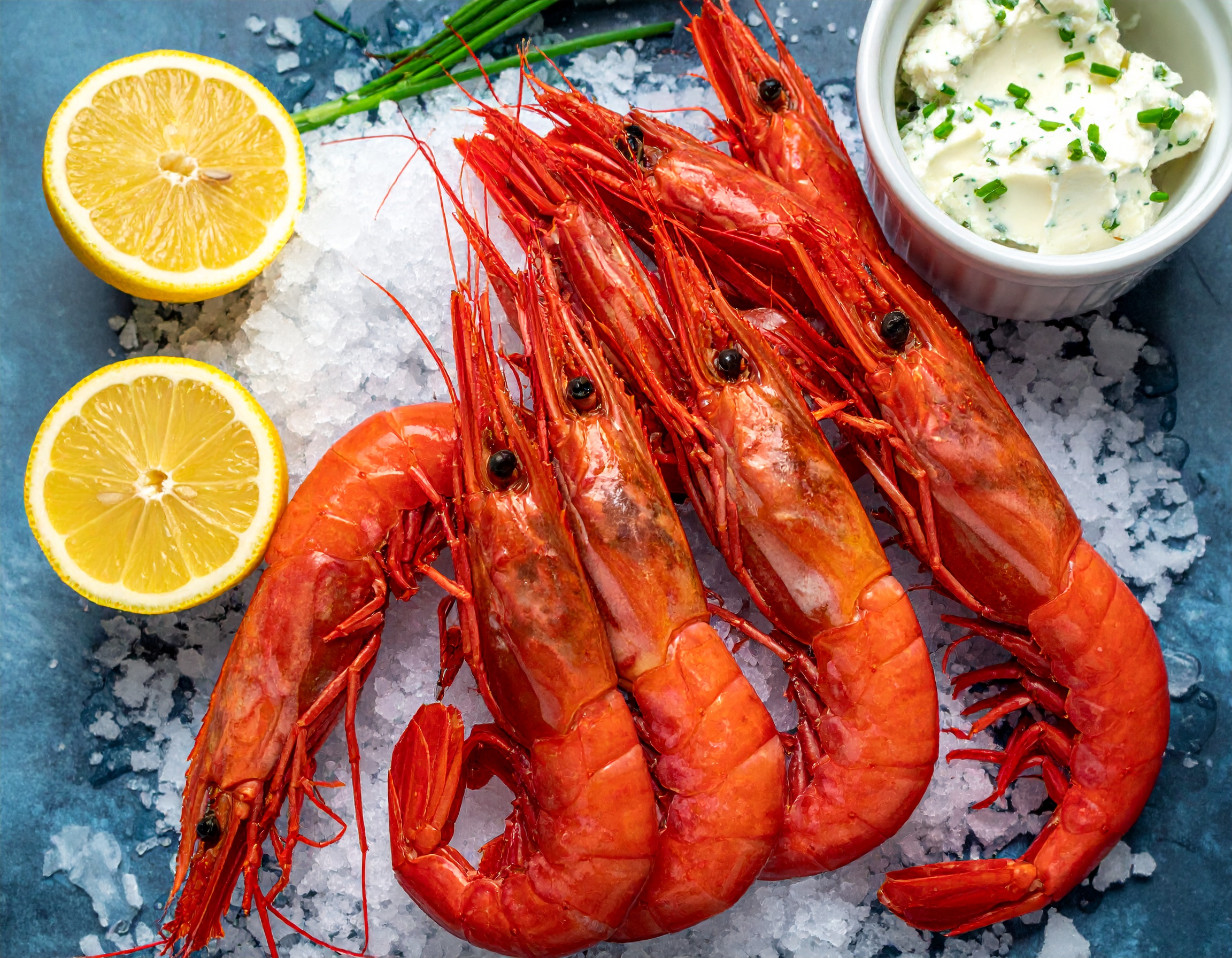 Ocho gambas rojas de Palamós sobre hielo picado con yuzu cortado y flor de sal