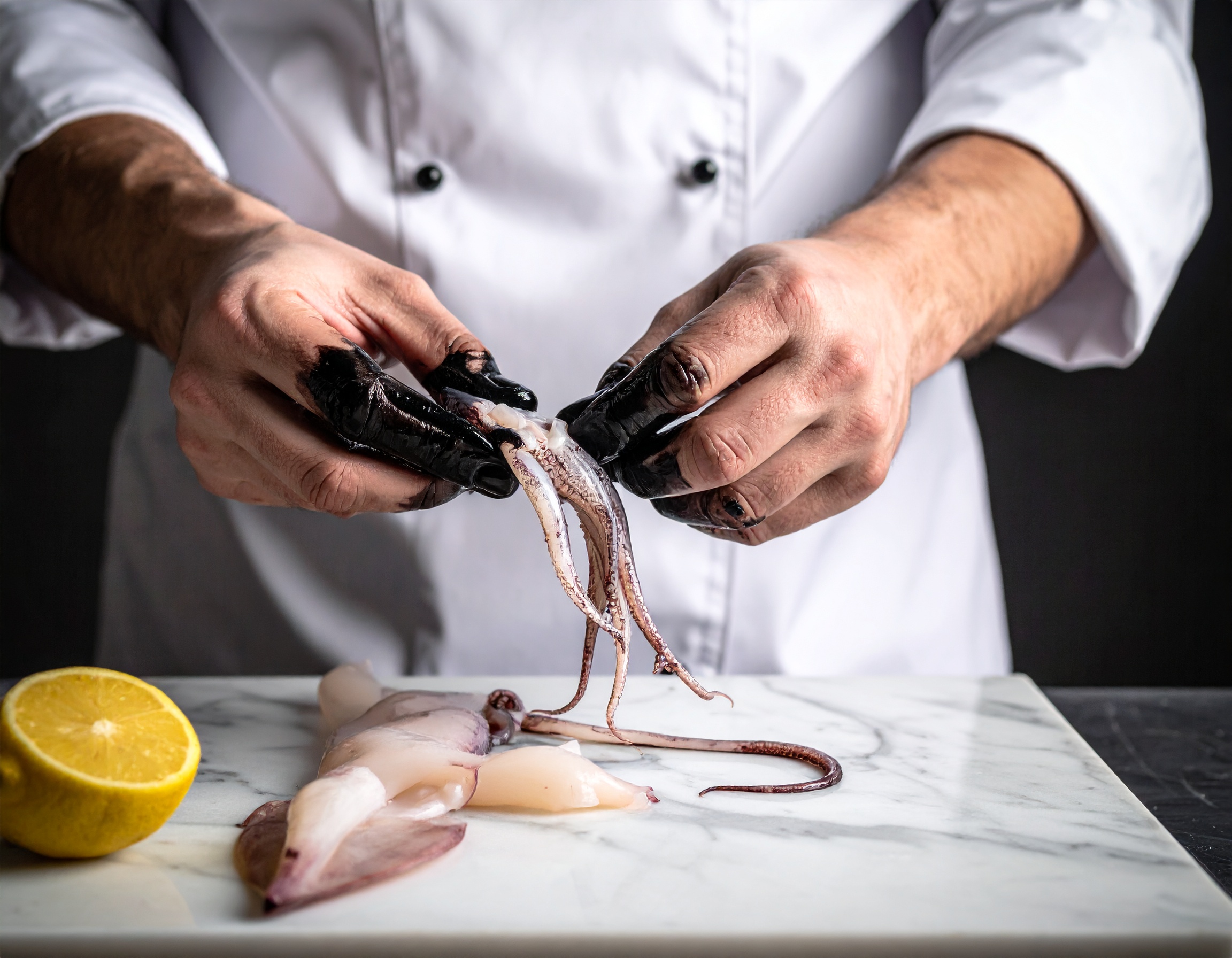 Manos del chef extrayendo el coral naranja de las cabezas de las gambas
