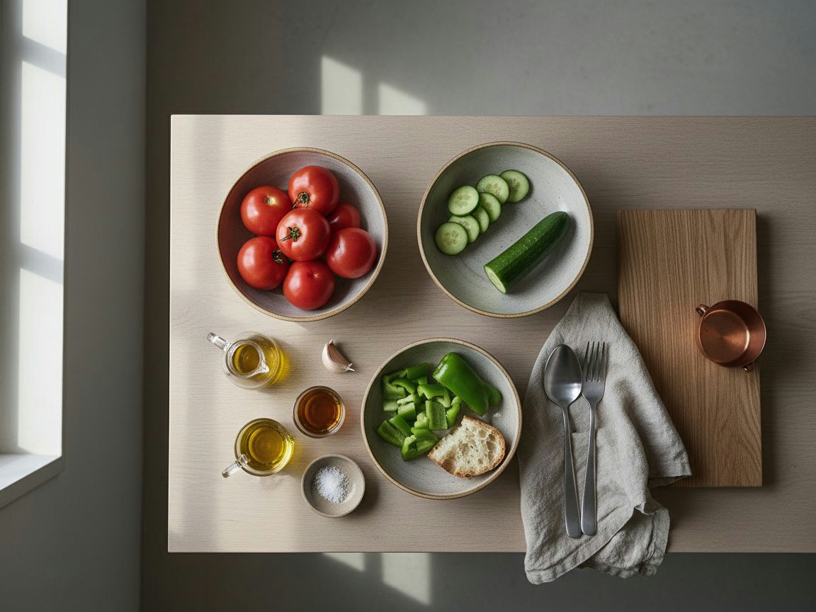 Ingredientes del gazpacho: tomates maduros, pepino, pimiento verde, ajo, pan y aceite