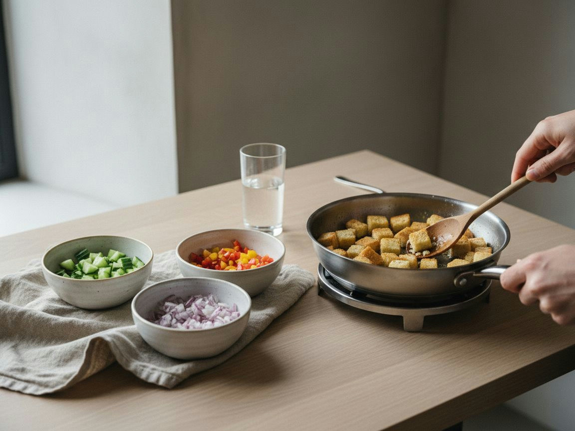 Picada fina de verduras y picatostes para la guarnición