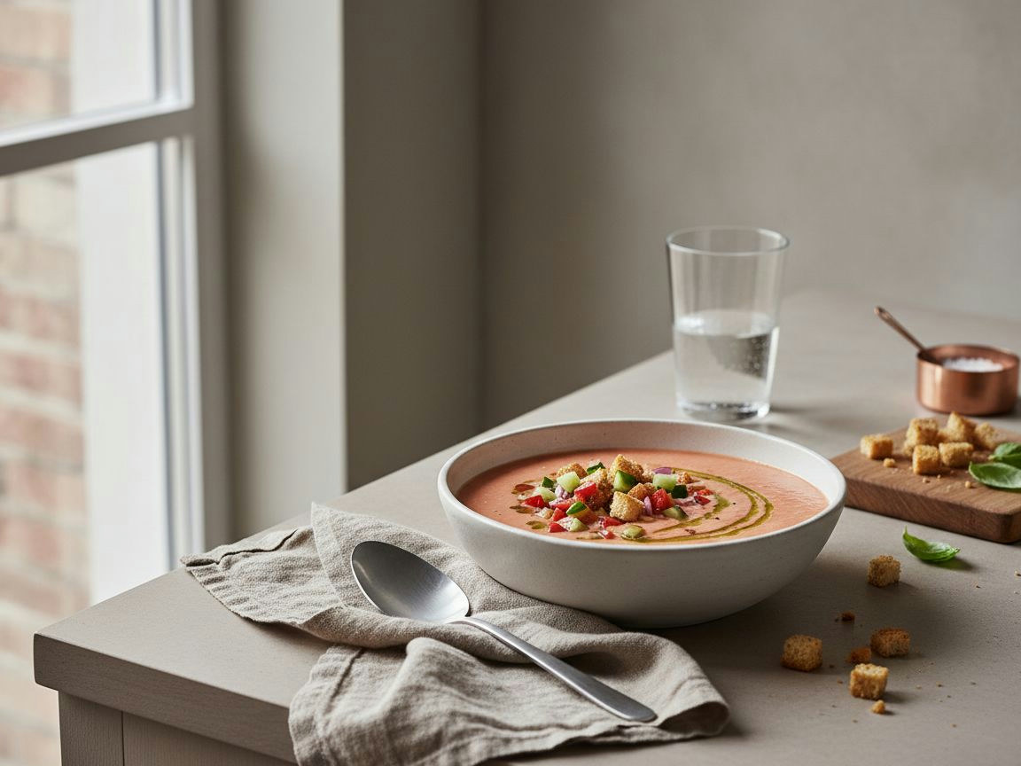Cuenco de gazpacho andaluz rojo asalmonado y cremoso con picada de verduras, picatostes y un hilo de aceite, en cuenco de cerámica blanco hueso