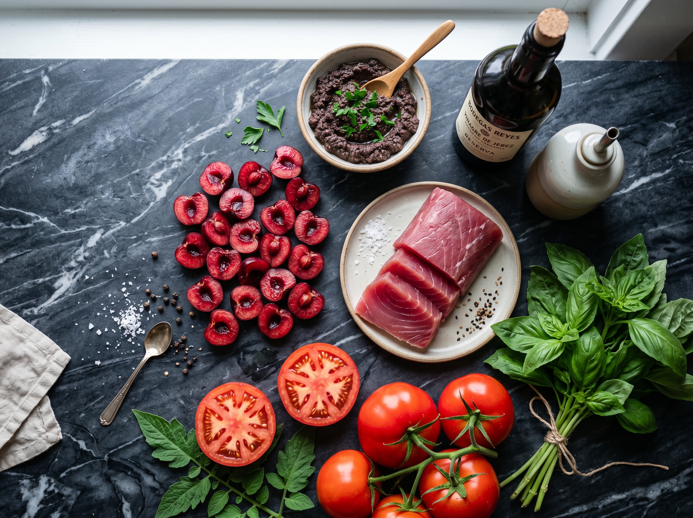 Flat lay de ingredientes: cerezas deshuesadas, lomo de atún rojo, tomates, albahaca y pasta de aceitunas negras