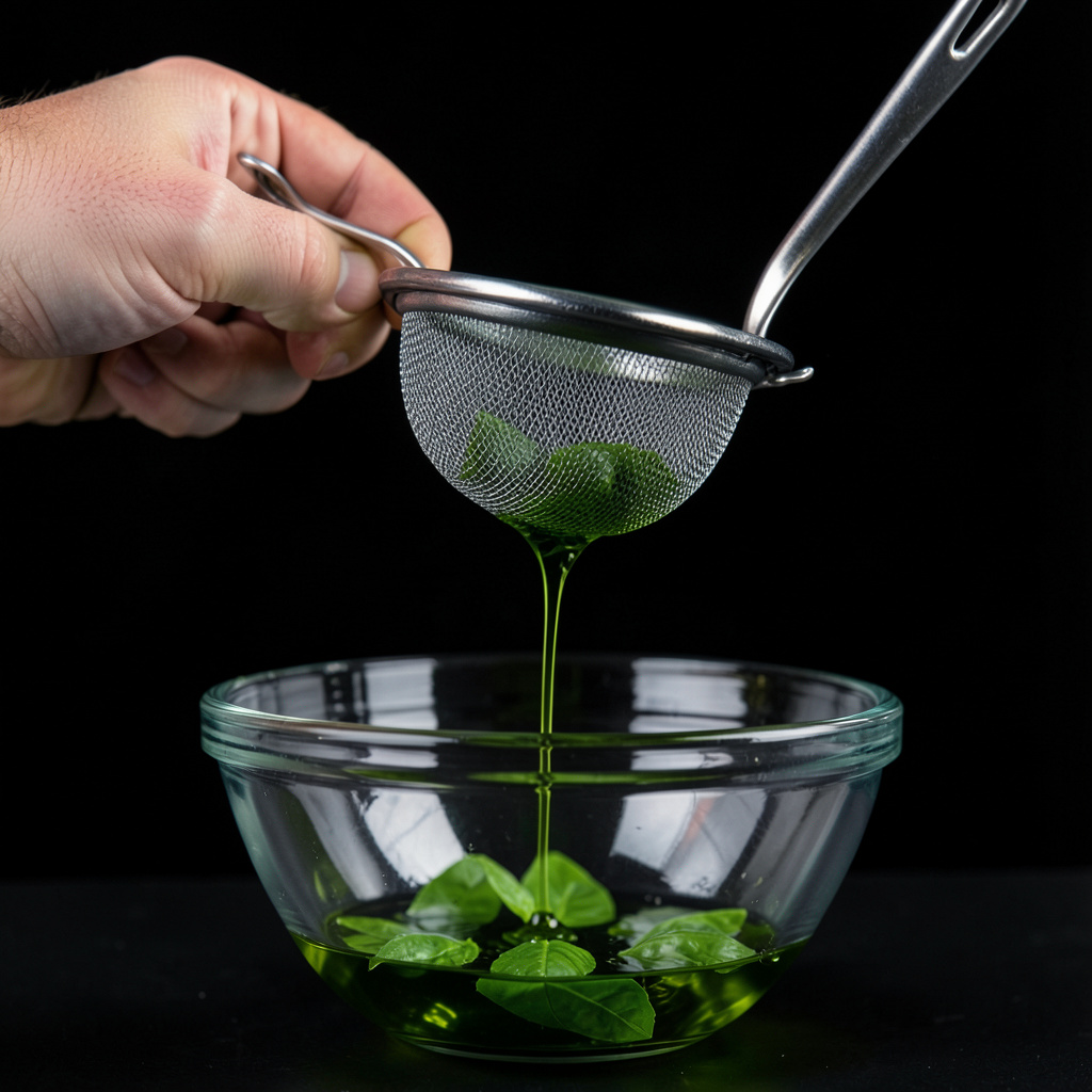 Aceite de albahaca verde esmeralda colándose por tamiz fino sobre bol de cristal
