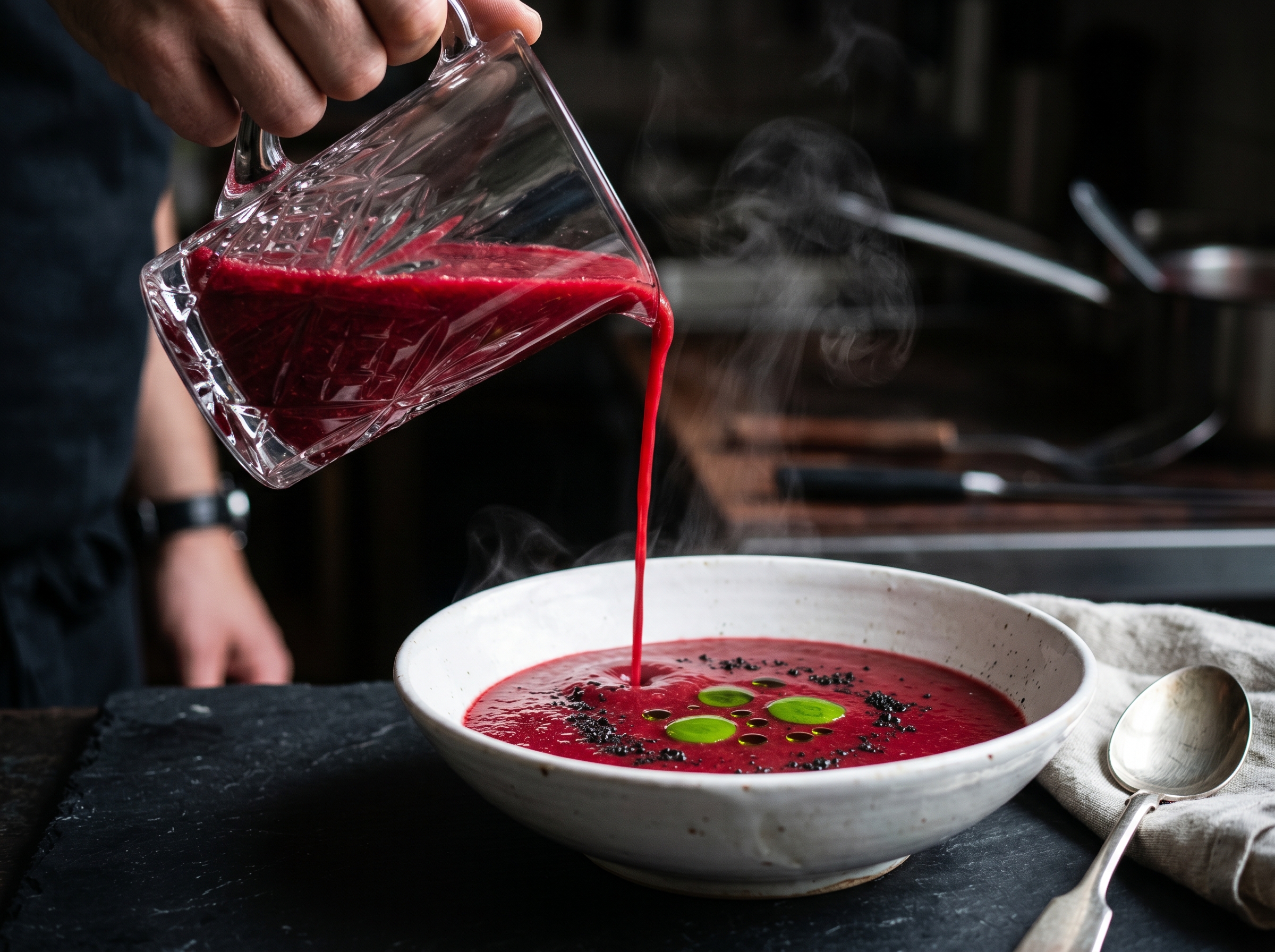 Servicio en sala: gazpacho carmesí siendo vertido desde jarro de cristal con vapor, gotas de aceite de albahaca y terra negra en el plato