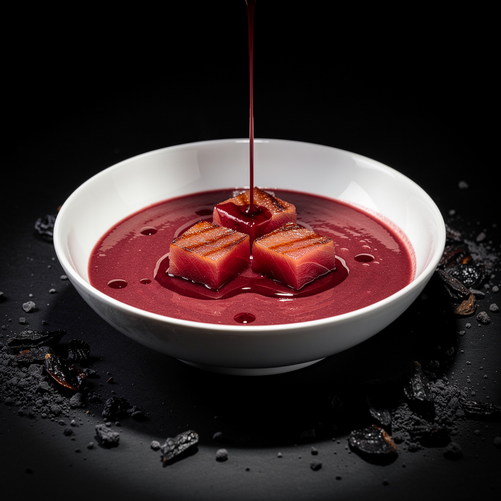 Dados de atún rojo marcado en bol blanco con gazpacho carmesí siendo vertido y terra de aceitunas alrededor