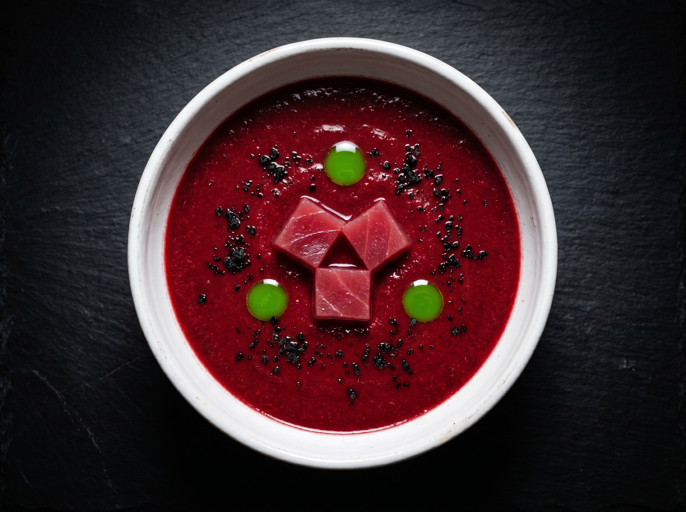 Gazpacho de cerezas con dados de atún rojo, aceite de albahaca y terra de olivas negras