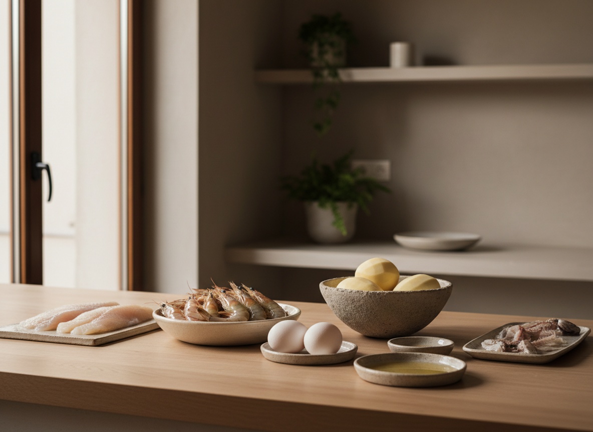 Ingredientes del gazpachuelo sobre la encimera: lomos de merluza, gambas blancas de Málaga, patatas, huevo, aceite de girasol y espinas de pescado