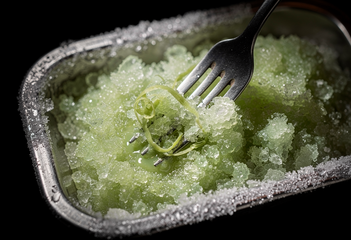 Granizado de piparra verde helado siendo raspado con tenedor en bandeja metálica congelada, escarcha visible, fondo negro