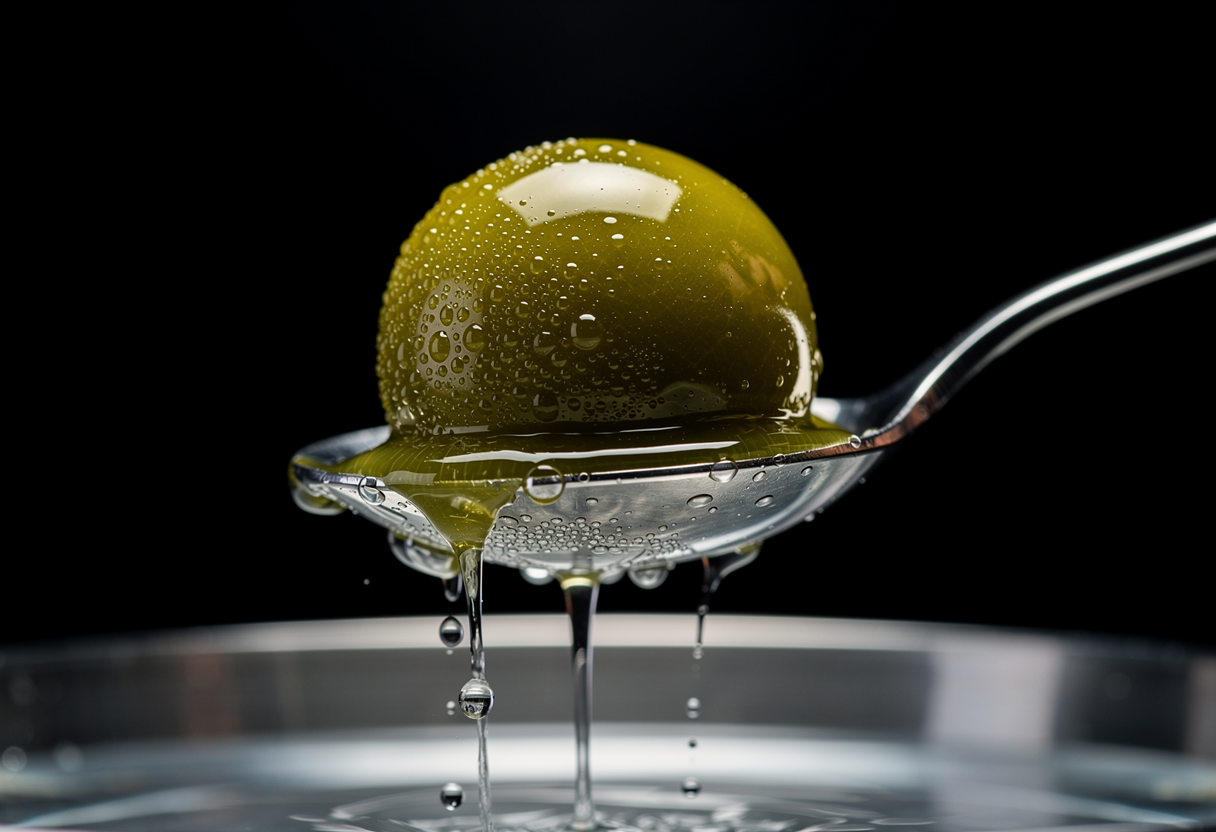 Esfera perfecta de aceituna Gordal verde sobre cuchara con gotas de agua cayendo, membrana de alginato brillante, fondo negro
