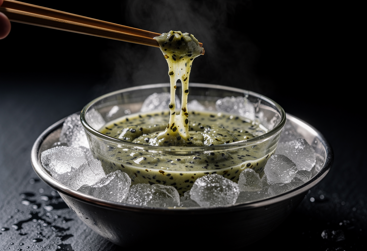 Palillos levantando masa de tempura de nori verde espesa en bol de cristal sobre lecho de hielo, hilo de masa y humo visible