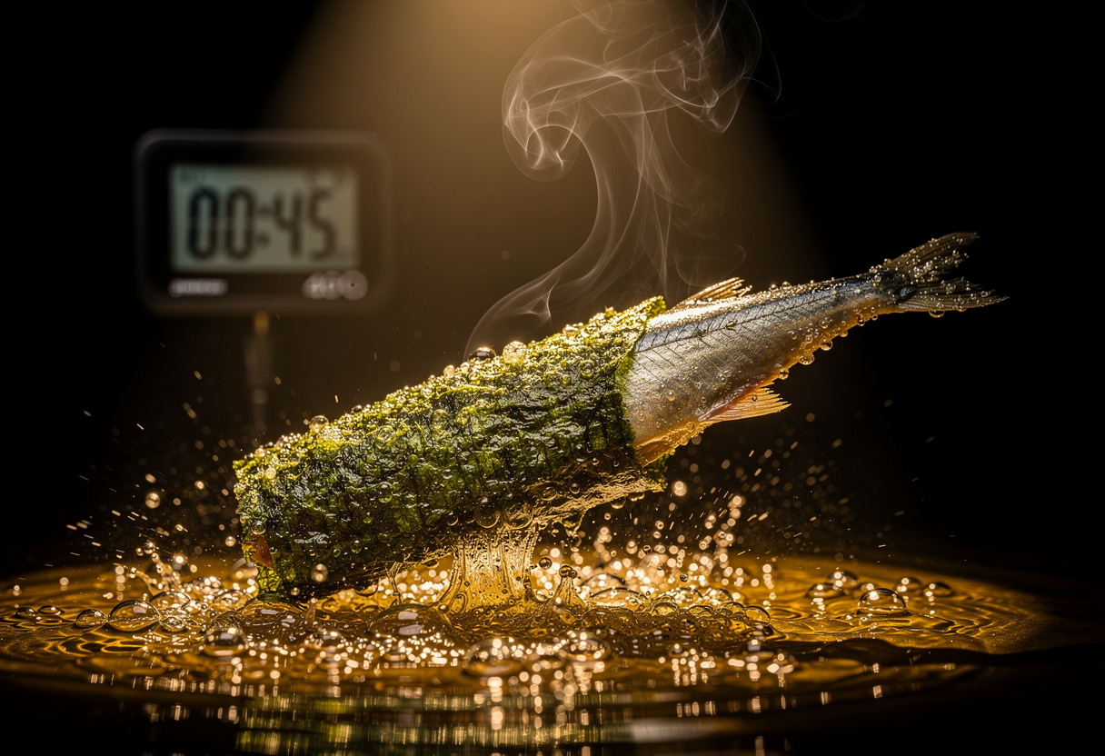 Anchoa en tempura de nori friéndose con salpicaduras doradas y humo en aceite a 185°C, timer digital marcando 00:45