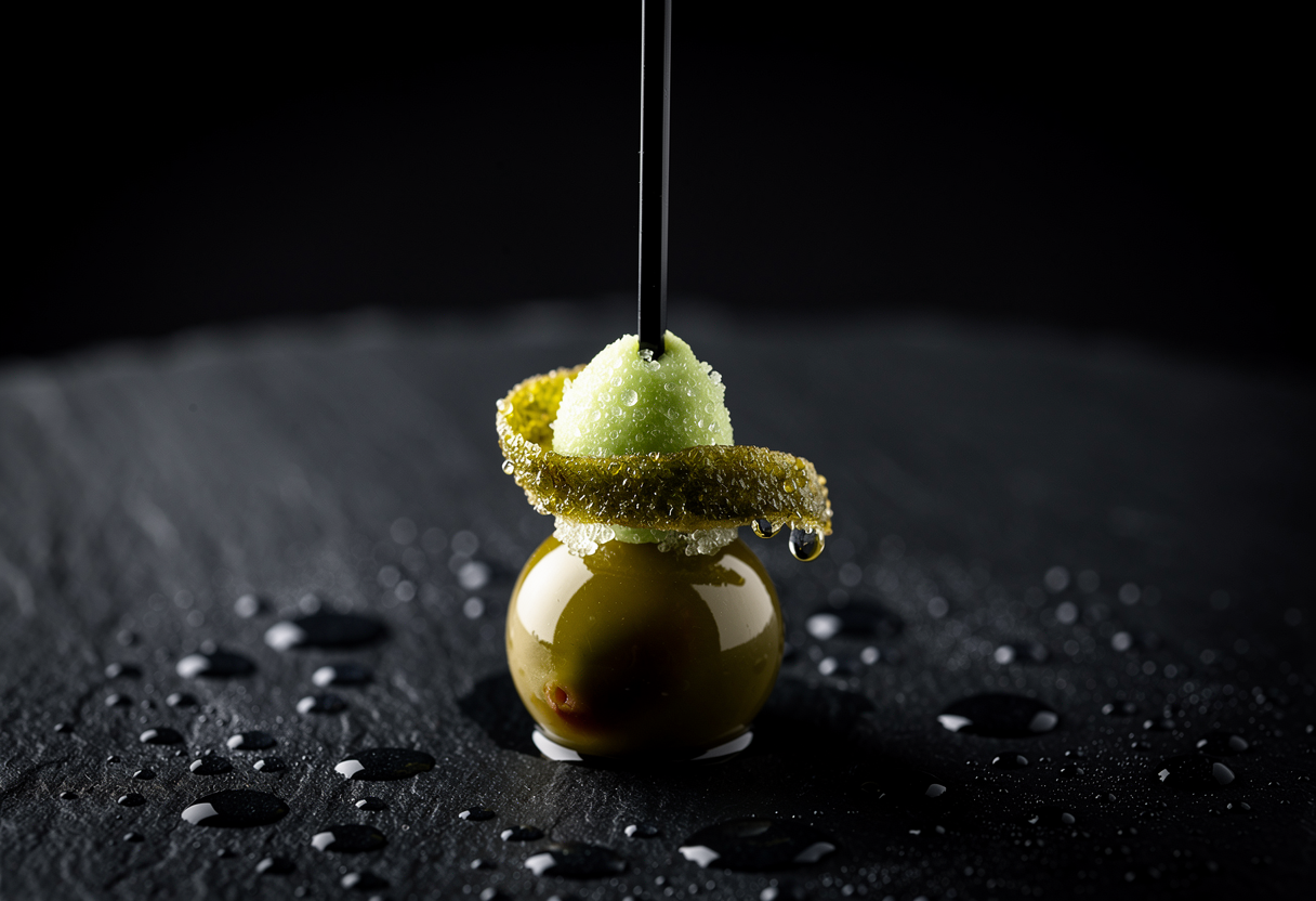 Palillo negro descendiendo sobre esfera de aceituna con granizado de piparra encima y anillo de anchoa en tempura, pizarra mojada con gotas