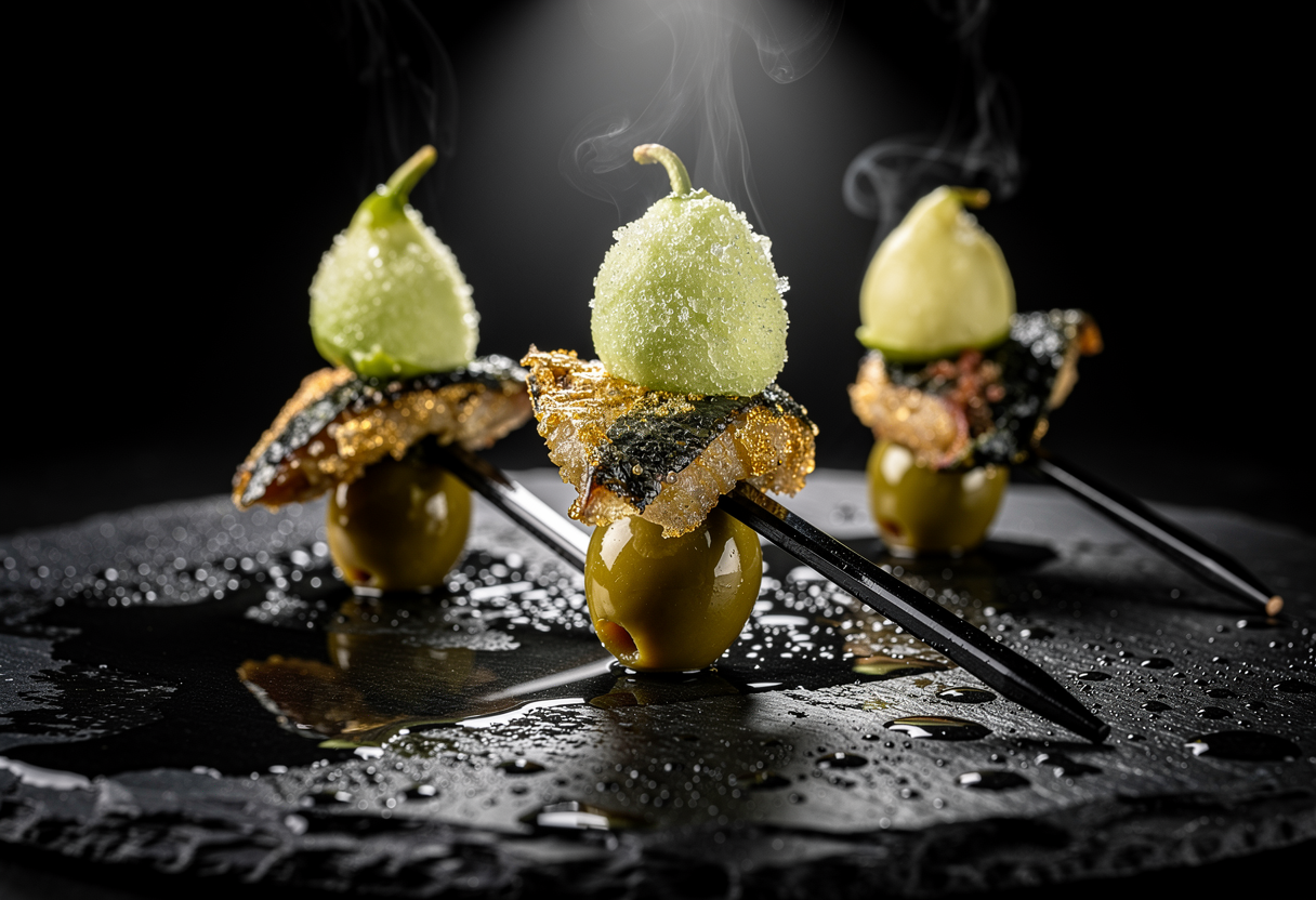Gilda deconstruida: anchoa en tempura, aceituna esférica y piparra helada