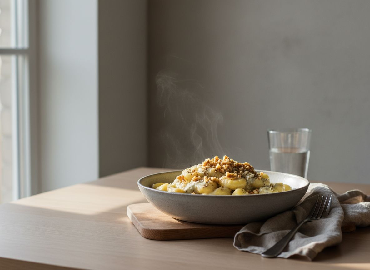 Gnocchi de patata en un cuenco de cerámica gris piedra, napados con cremosa salsa de gorgonzola y coronados con nueces tostadas, con un ligero vapor, luz natural suave desde la izquierda.