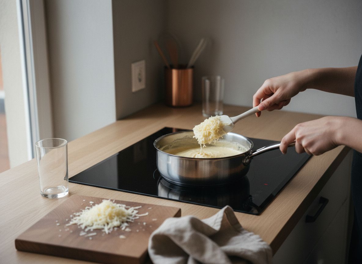 Añade 120 g del Gruyère rallado, una pizca de nuez moscada rallada al momento y una vuelta de pimienta negra