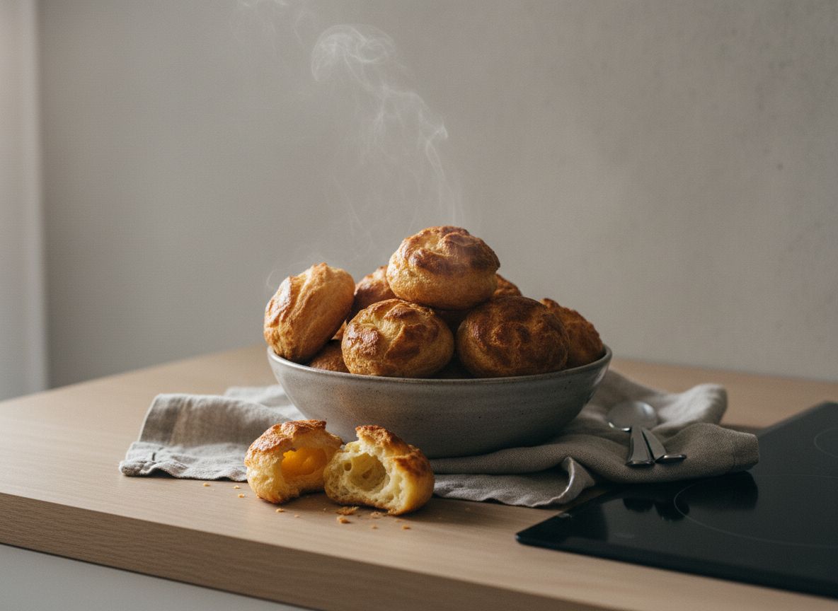 Gougères de Gruyère doradas e hinchadas recién horneadas sobre rejilla, una abierta mostrando el interior hueco, con copa de vino blanco, en cerámica blanco hueso