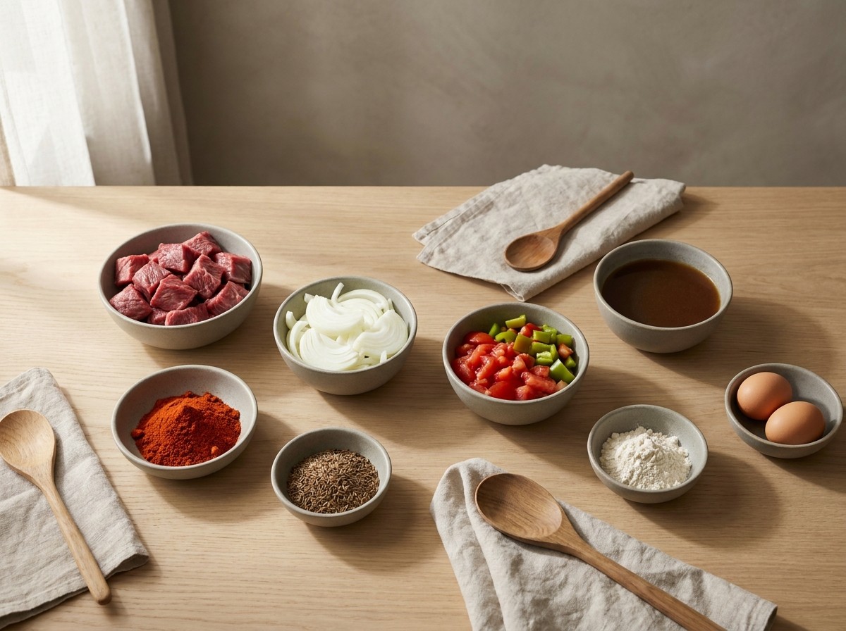 Ingredientes del goulash: dados de buey, cebolla, pimentón, comino, tomate y masa de spätzle