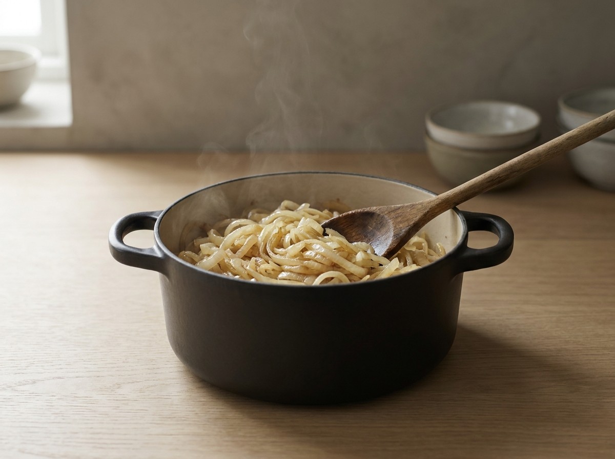 Cebolla pochándose blanda y dorada en la cocotte