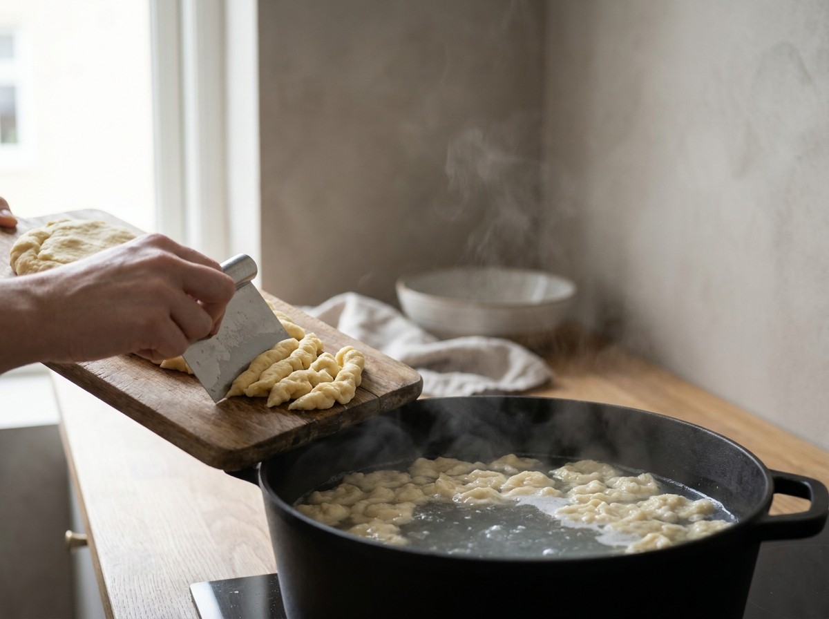 Spätzle formándose en el agua hirviendo