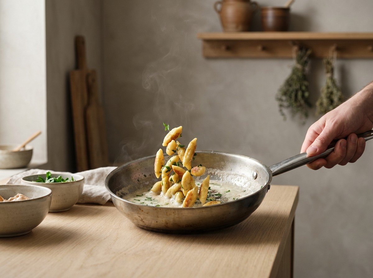 Spätzle salteándose dorado en mantequilla con perejil