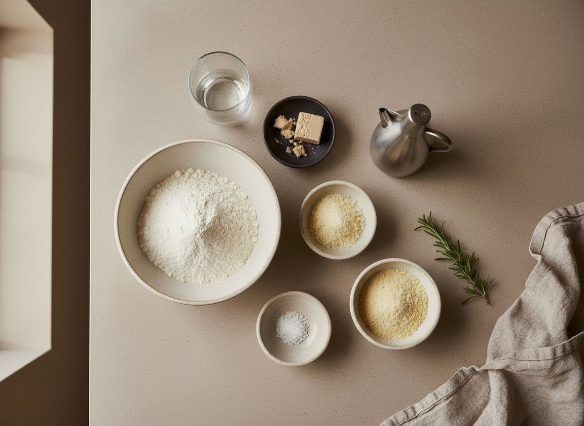 Ingredientes de los grissini en bodegon cenital: harina, agua, levadura, parmesano, semola y romero