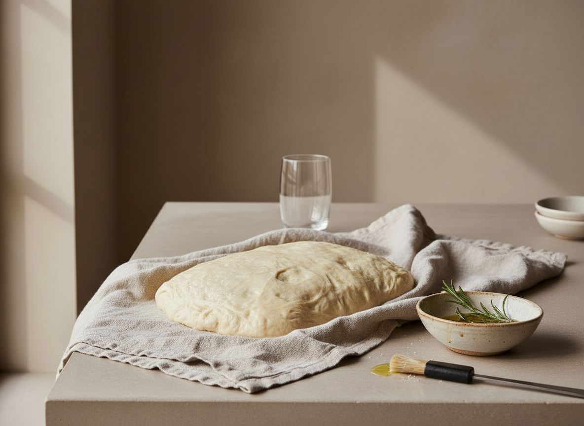 Masa de grissini fermentando en rectangulo pincelada con aceite bajo un paño