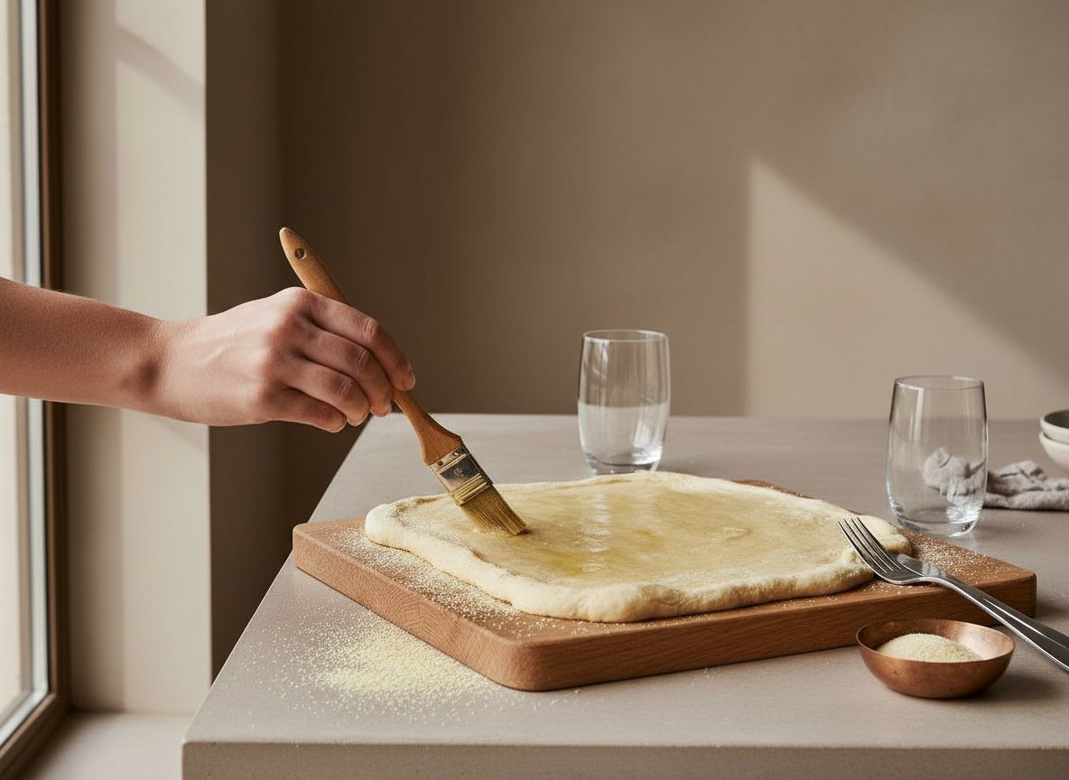 Estirando y pincelando con aceite el rectangulo de masa sobre semola
