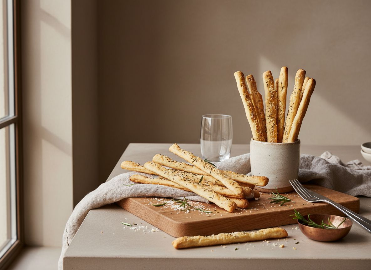 Grissini crujientes de romero y parmesano recien horneados, unos en un vaso de ceramica y otros sobre tabla de roble