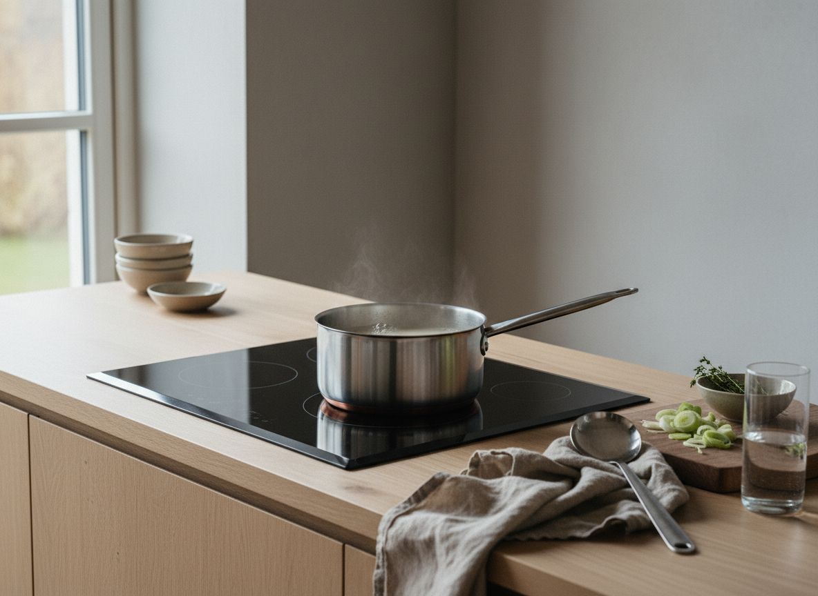 Añade los 100 ml de caldo de verduras caliente a la sartén, lleva a hervor suave rascando el fondo con la espátula