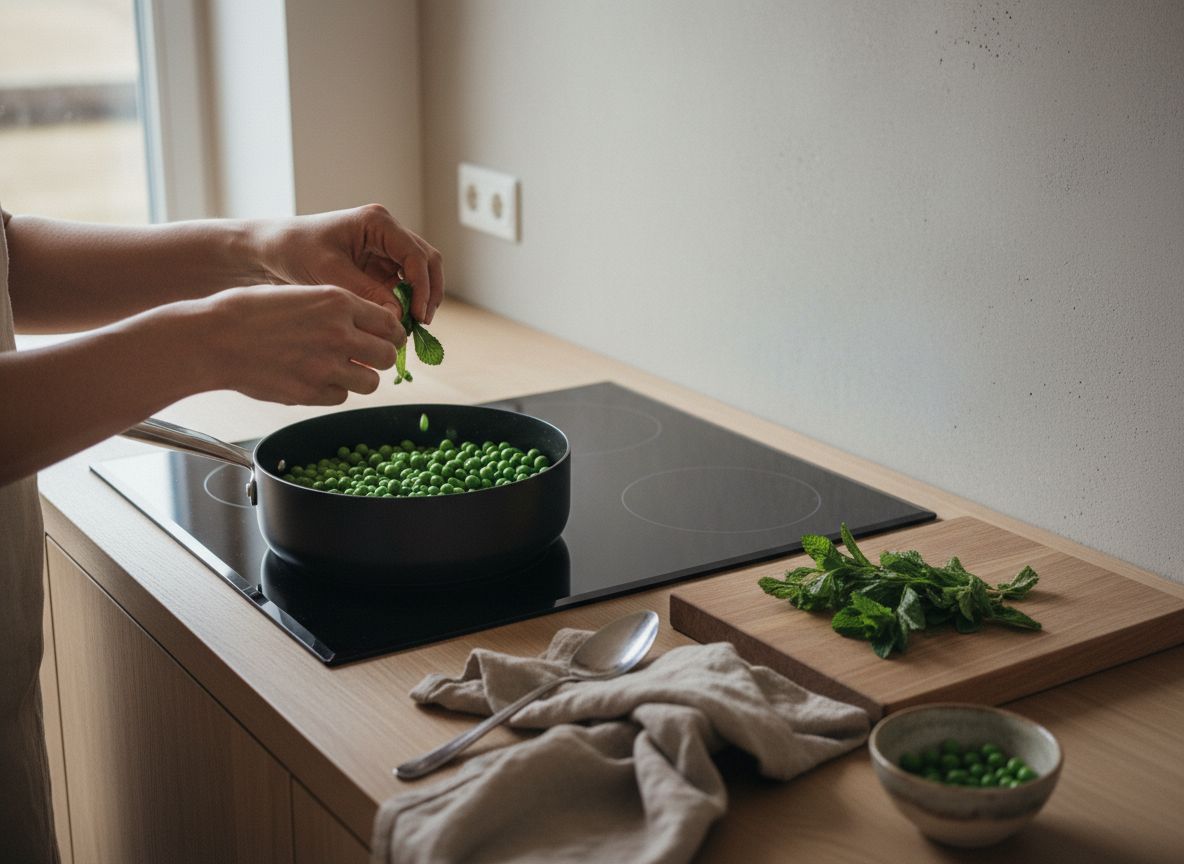 Rasga las 8 hojas de menta fresca con los dedos, nunca con cuchillo, y repártelas por la sartén
