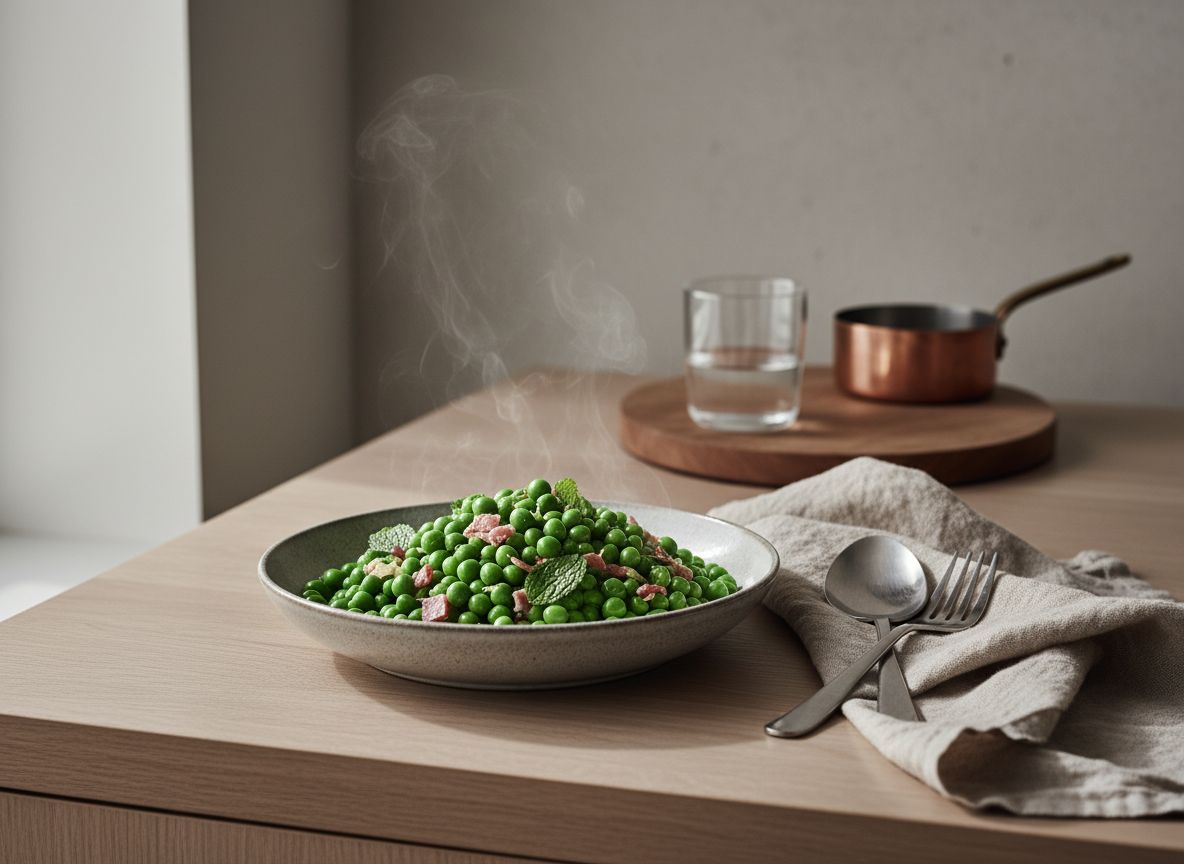 Guisantes lágrima verde vivo en salsa fina y brillante con taquitos de jamón ibérico y menta fresca, en plato hondo de cerámica gris piedra