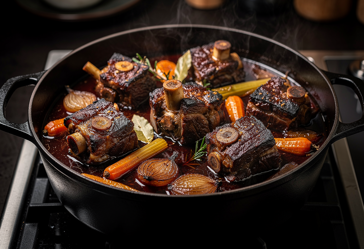 Rabo de toro estofado 72 horas en cocotte negra con vino tinto y verduras