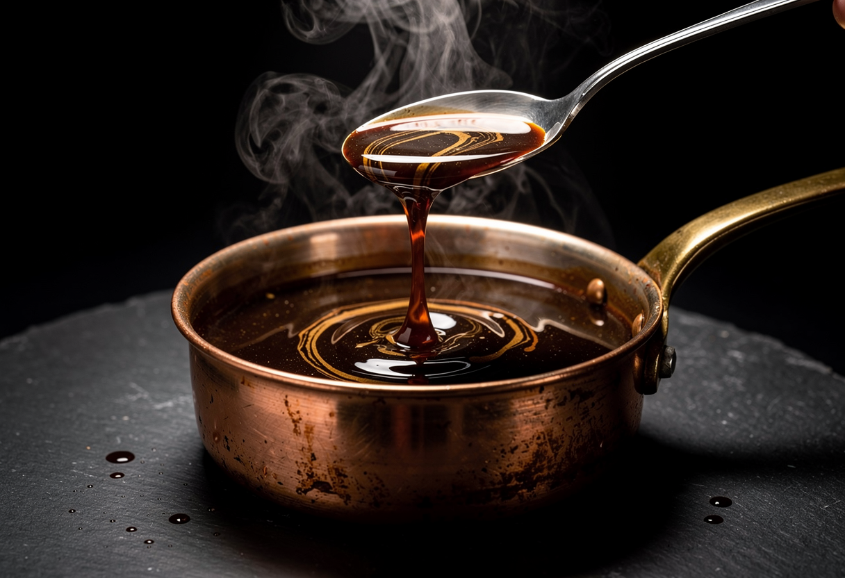 Caldo de rabo reducido y gelatinoso en cazo de cobre con hilo brillante en cuchara