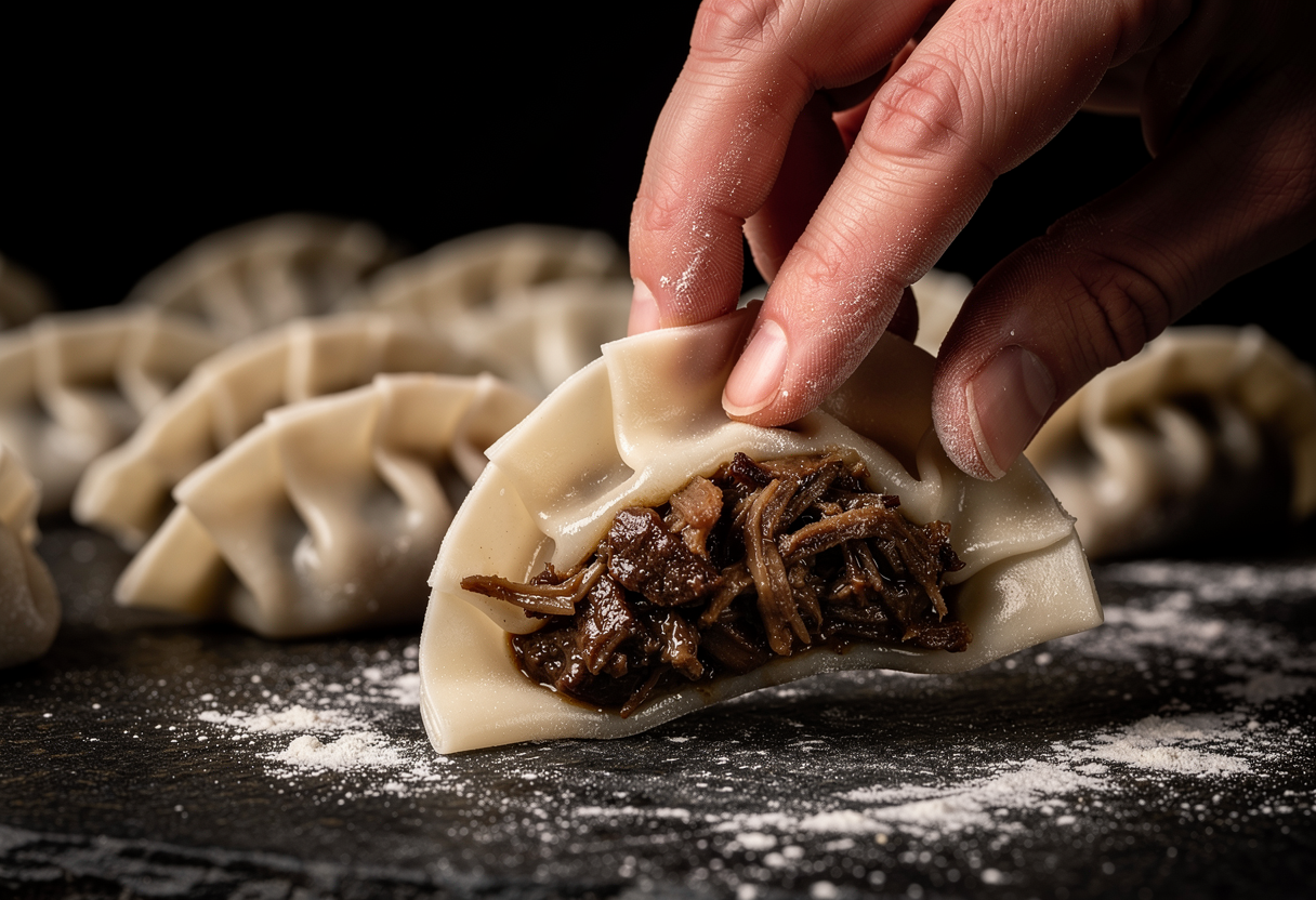 Mano plegando gyoza con relleno de rabo deshilachado visible, fila de gyozas al fondo