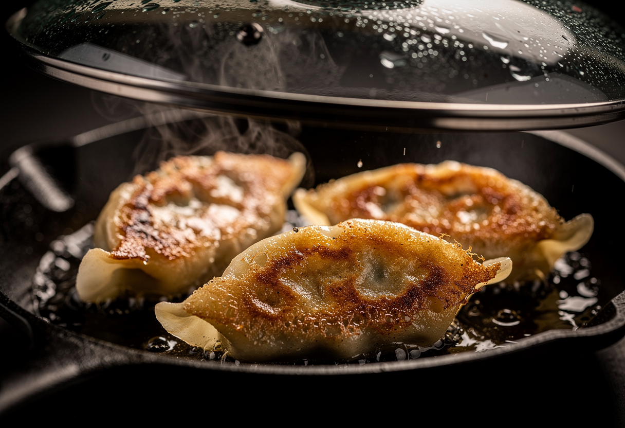 Gyozas en sartén de hierro con costra dorada perfecta y vapor bajo la tapa