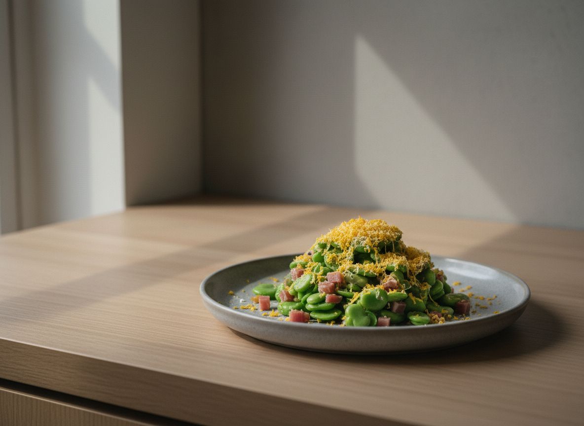 Habitas baby verde brillante salteadas con taquitos de jamón ibérico y yema curada rallándose por encima, en plato de cerámica gris piedra