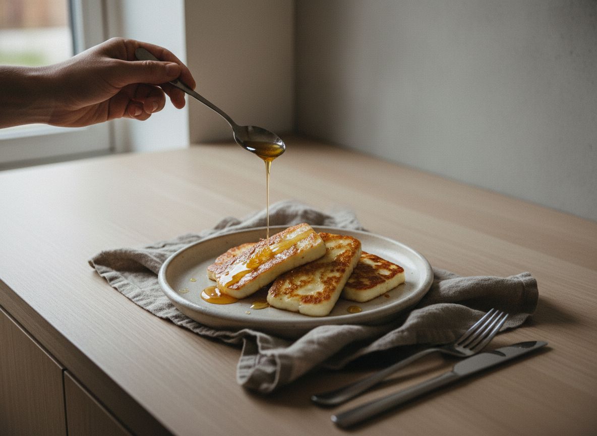 Pasa el halloumi recién marcado al plato caliente y riégalo de inmediato con la miel templada en hilo fino, cubrien