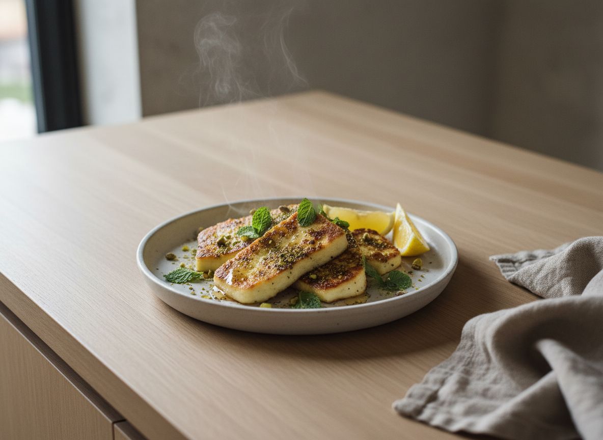 Láminas de halloumi doradas con marcas de parrilla, lacadas de miel y espolvoreadas de za"atar con menta y pistacho, con gajos de limón, en plato de cerámica blanco hueso