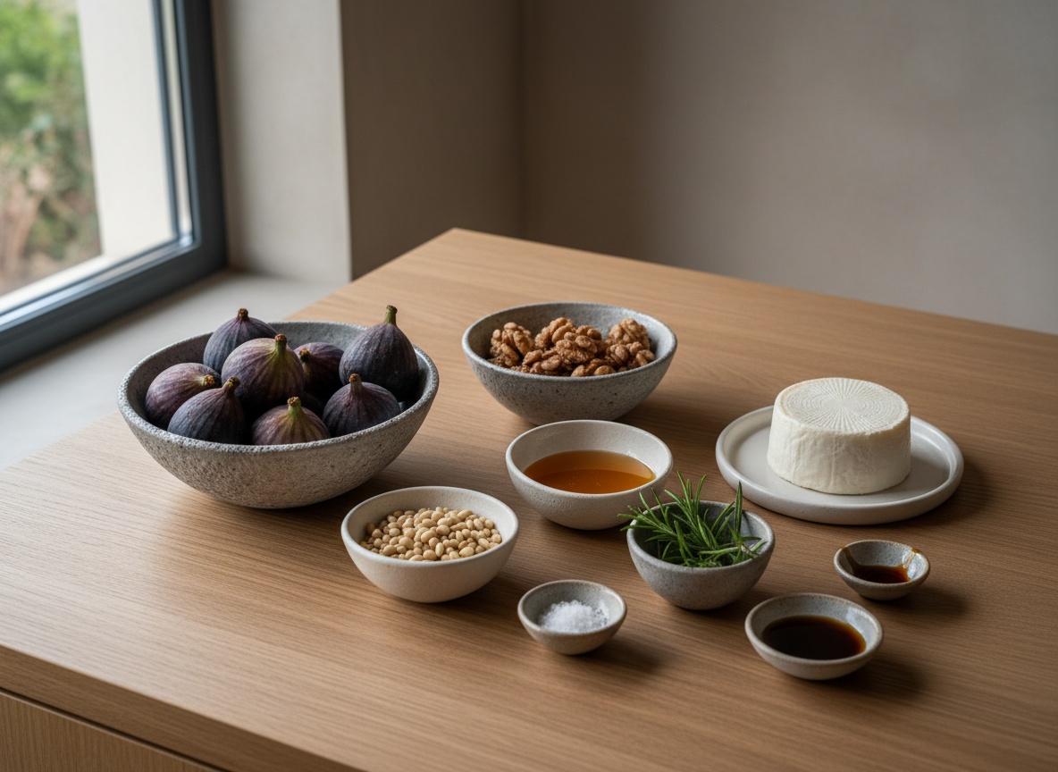 Bodegón cenital sobre encimera de piedra gris: doce higos negros maduros en un cuenco de cerámica gris, rulo de cabra en un plato, cuencos con miel, nueces, piñones, romero fresco, vinagre de Jerez y sal en escamas.